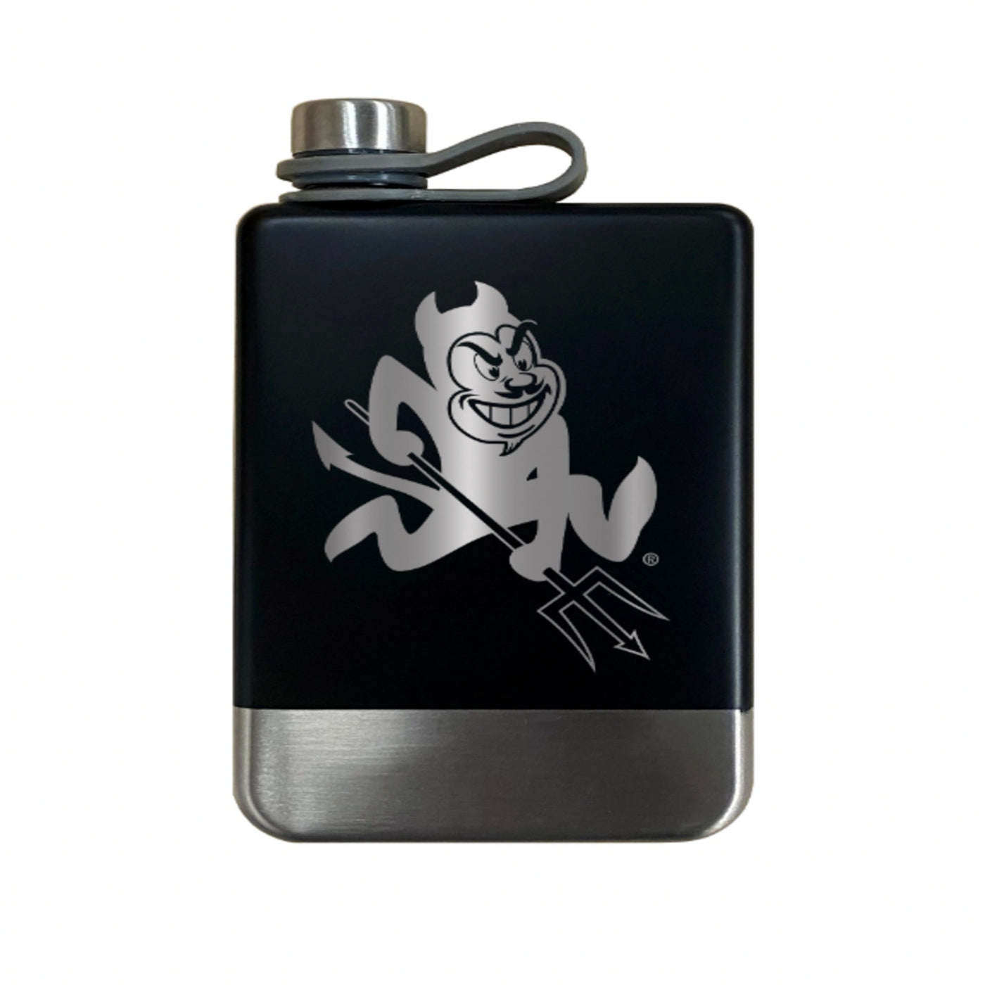 front side of an ASU stainless steel flask.  Mainly black with the Sparky logo etched revealing the steel. 