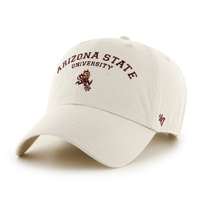 ASU cream colored hat with 'Arizona State University' lettering above Sparky on the front