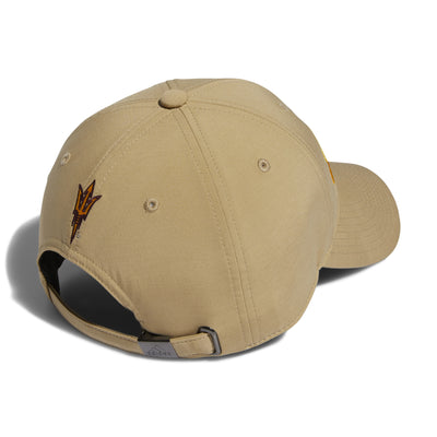 Back view of ASU adjustable khaki hat with embroidered pitchfork on the back