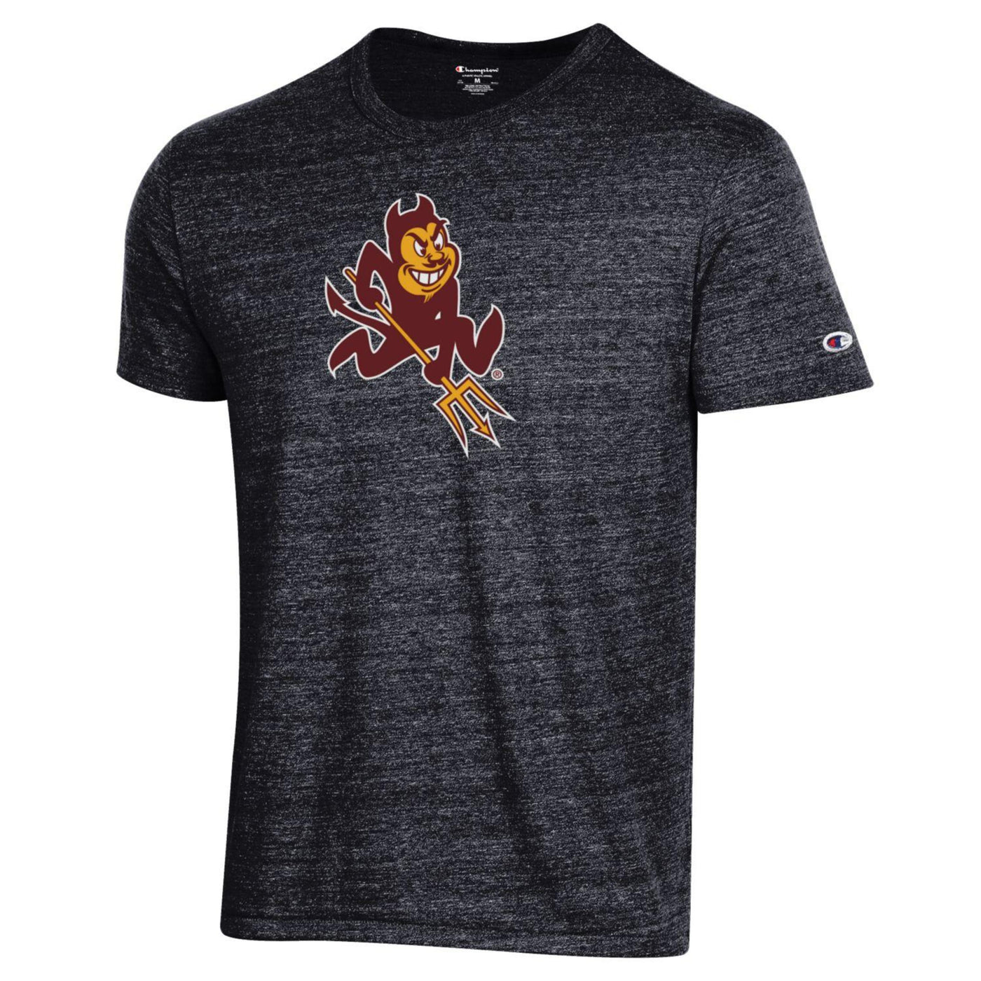 ASU heather grey tee with sparky on the chest outline in white. Sparky logo features his gold pitchfork. Small champion patch on the sleeve. 