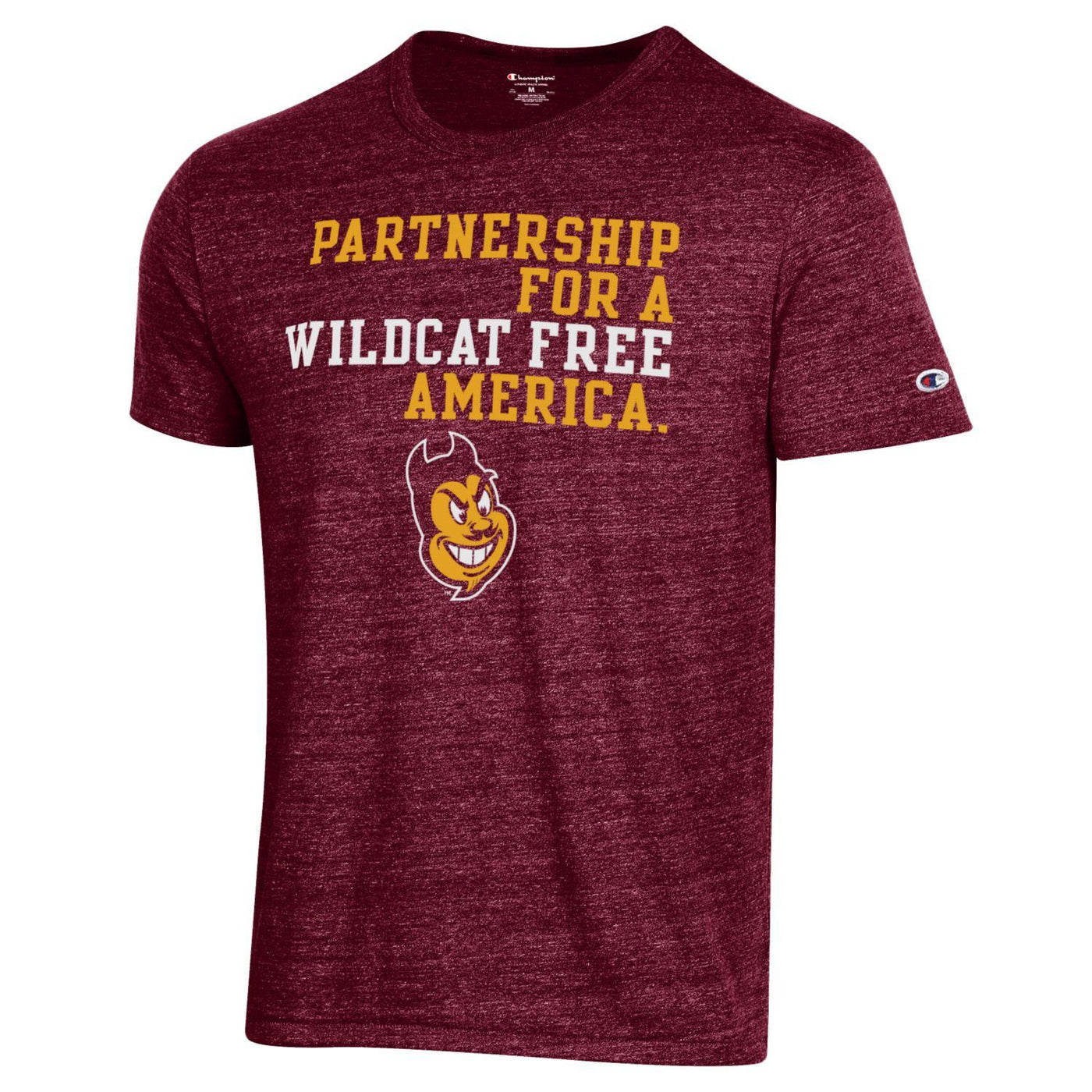 ASU maroon champion tee with Partnership for a wildcat free America printed above Sparky's head on front.