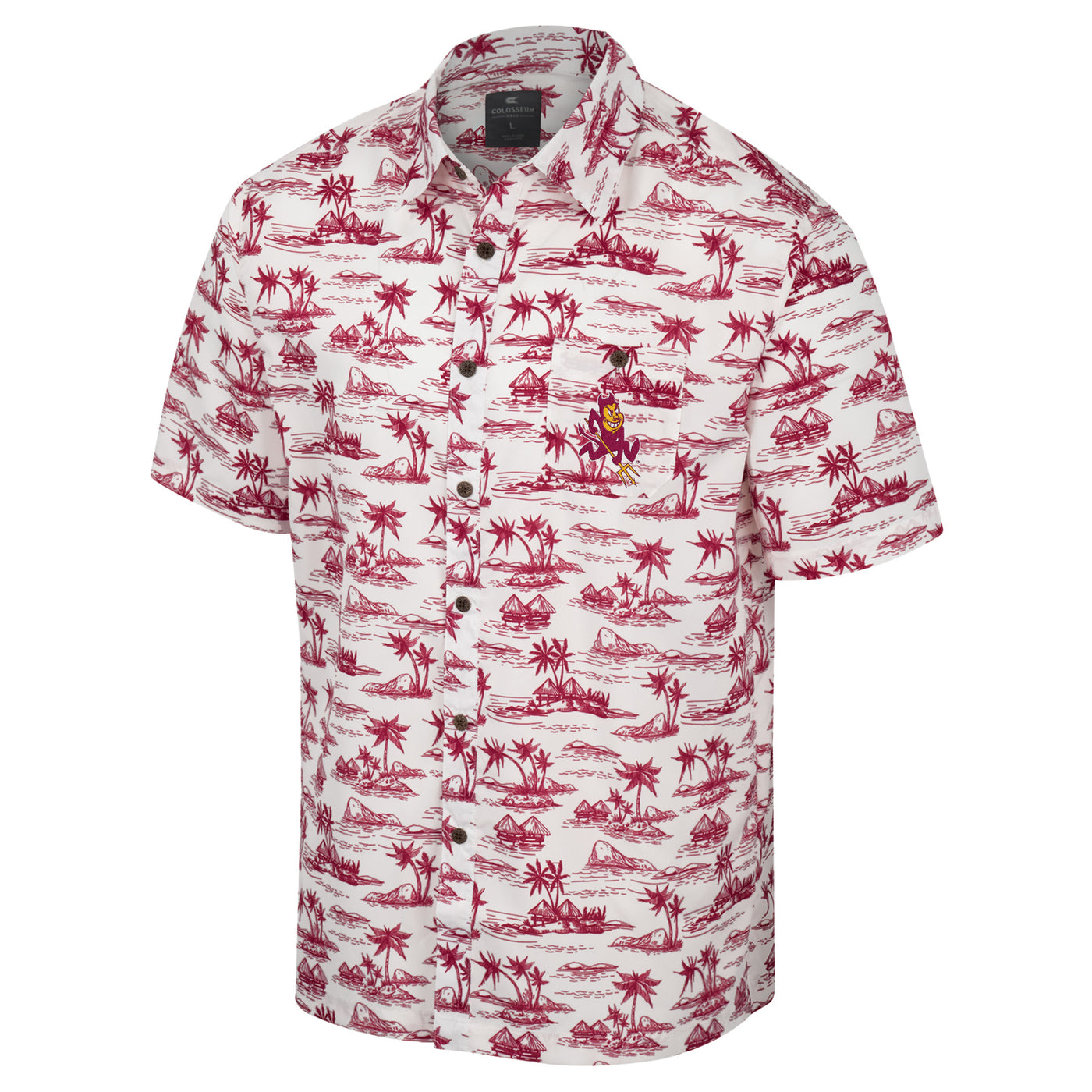 ASU white short sleeve button up with a maroon pattern of islands with palm trees. Sparky embroidered on chest pocket.  