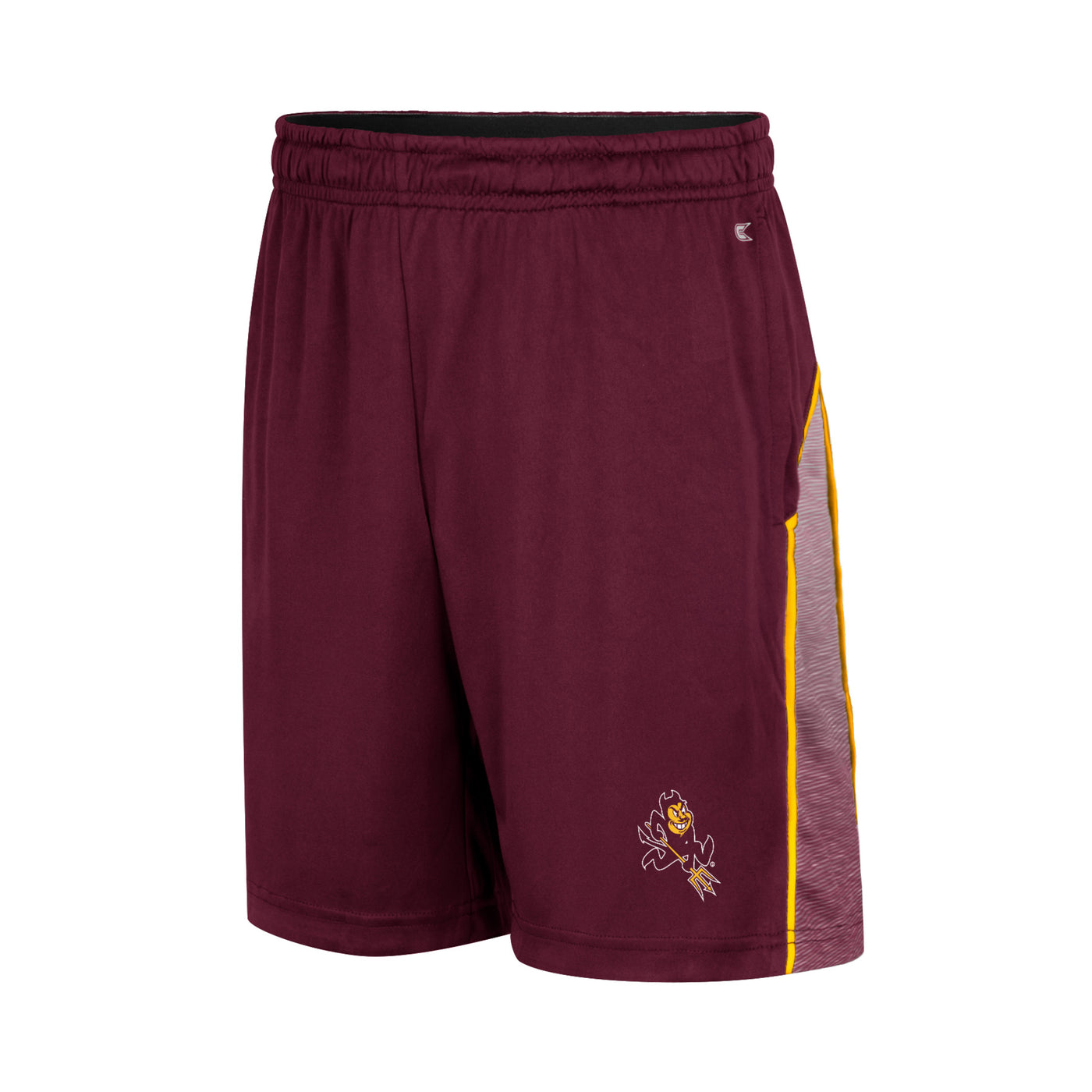 ASU youth maroon shorts with light maroon on the side panels and gold outline and Sparky on the bottom of the left leg