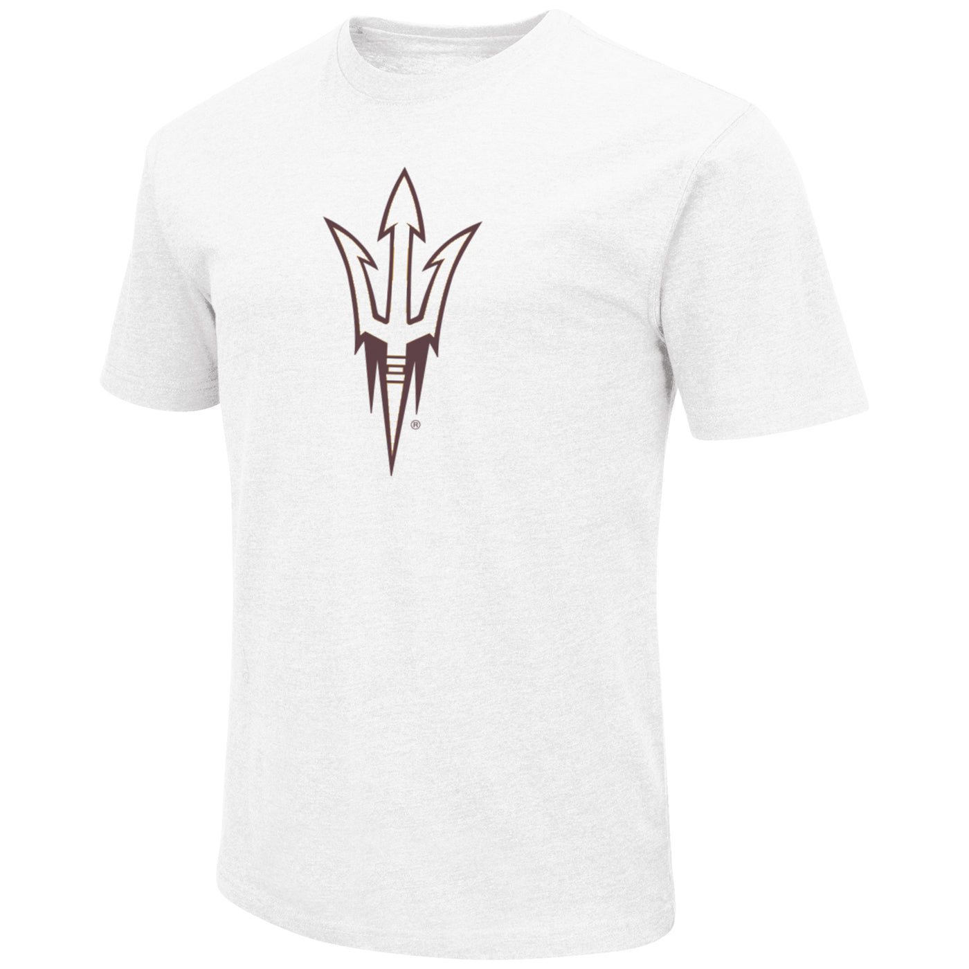 White ASU tee with maroon pitchfork outline on the chest. 