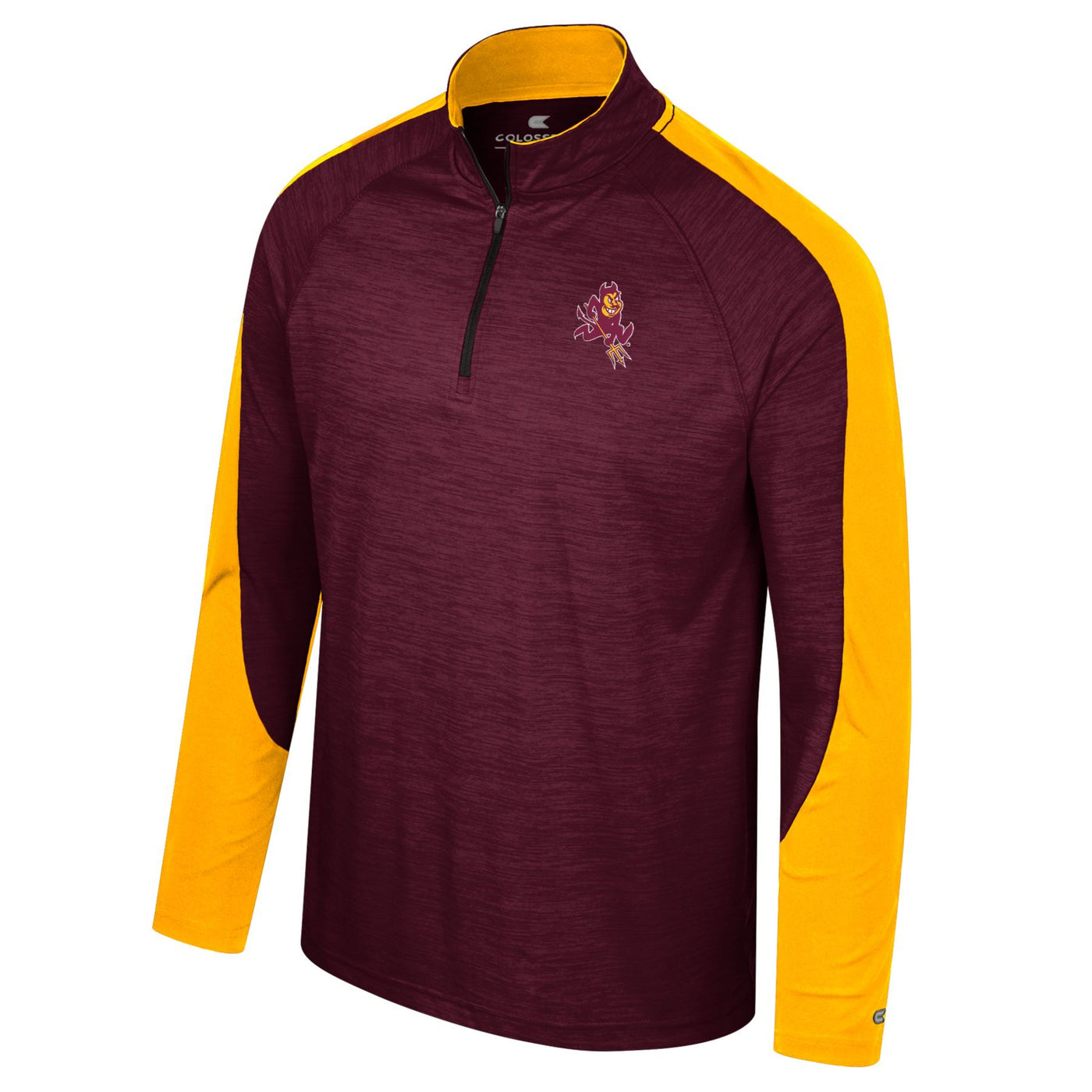 ASU maroon 1/4 zip long sleeve. there is a large portion. of the sleeve that is gold that follows all the way to the neckline. There is a small sparky mascot on the chest.
