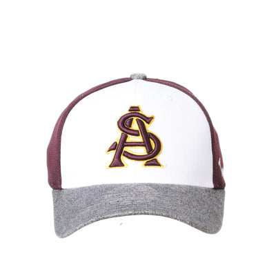 Front view of ASU toddler stretch fit hat in white, maroon, and gray with interlocking 'A' and 'S' in maroon and gold embroidered lettering