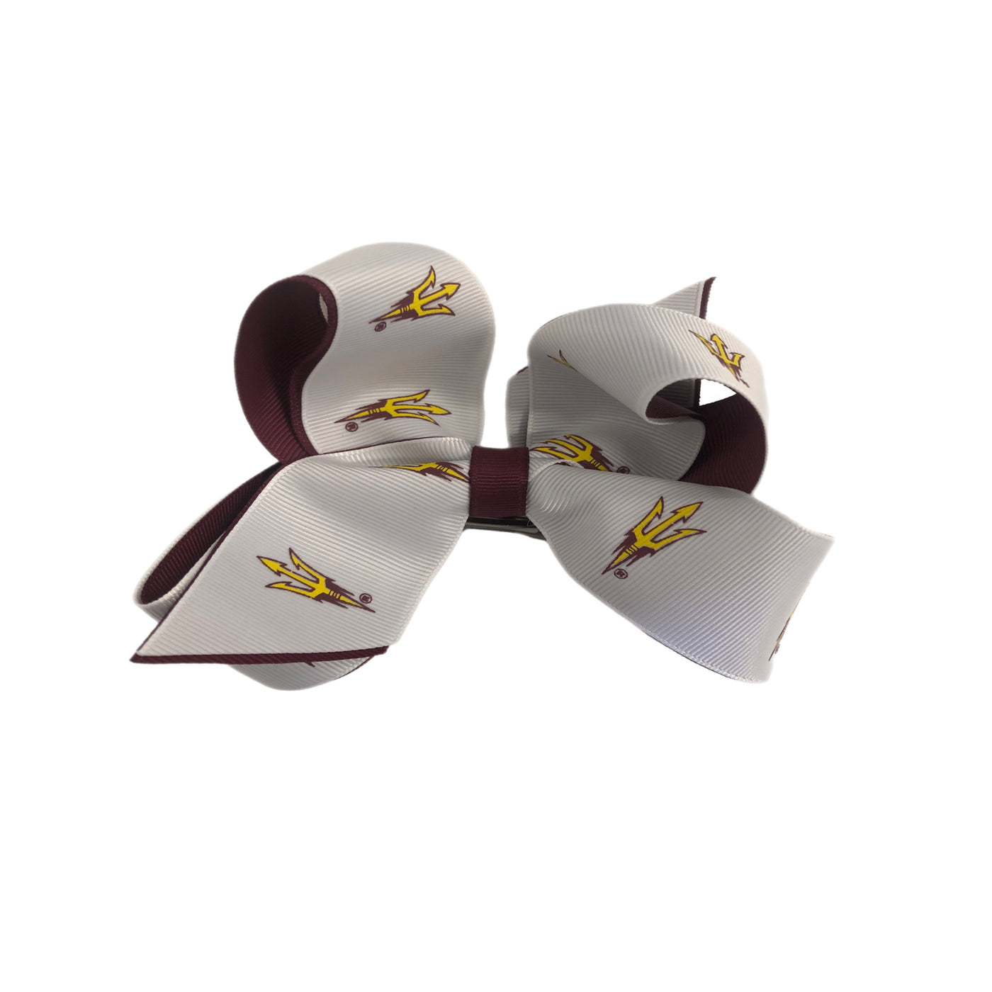 ASU small bow with both white and maroon ribbon. The white ribbon has pitchforks on it.