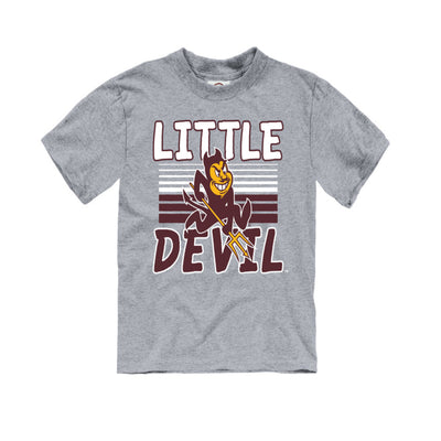 ASU grey youth shirt with the text "little" in white outlined in maroon and the text "devils" in maroon outlined in white. Between the two words are stripes of various thickness half maroon half white and a sparky mascot over top of the stripes.