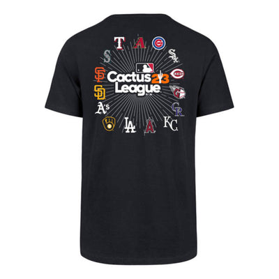 Navy blue short sleeve shirt with MLB logo in the center. Below the logo is "Cactus League 23" text. Around the logo and text, in a circle, is all the team logos that compromise the cactus league. 
