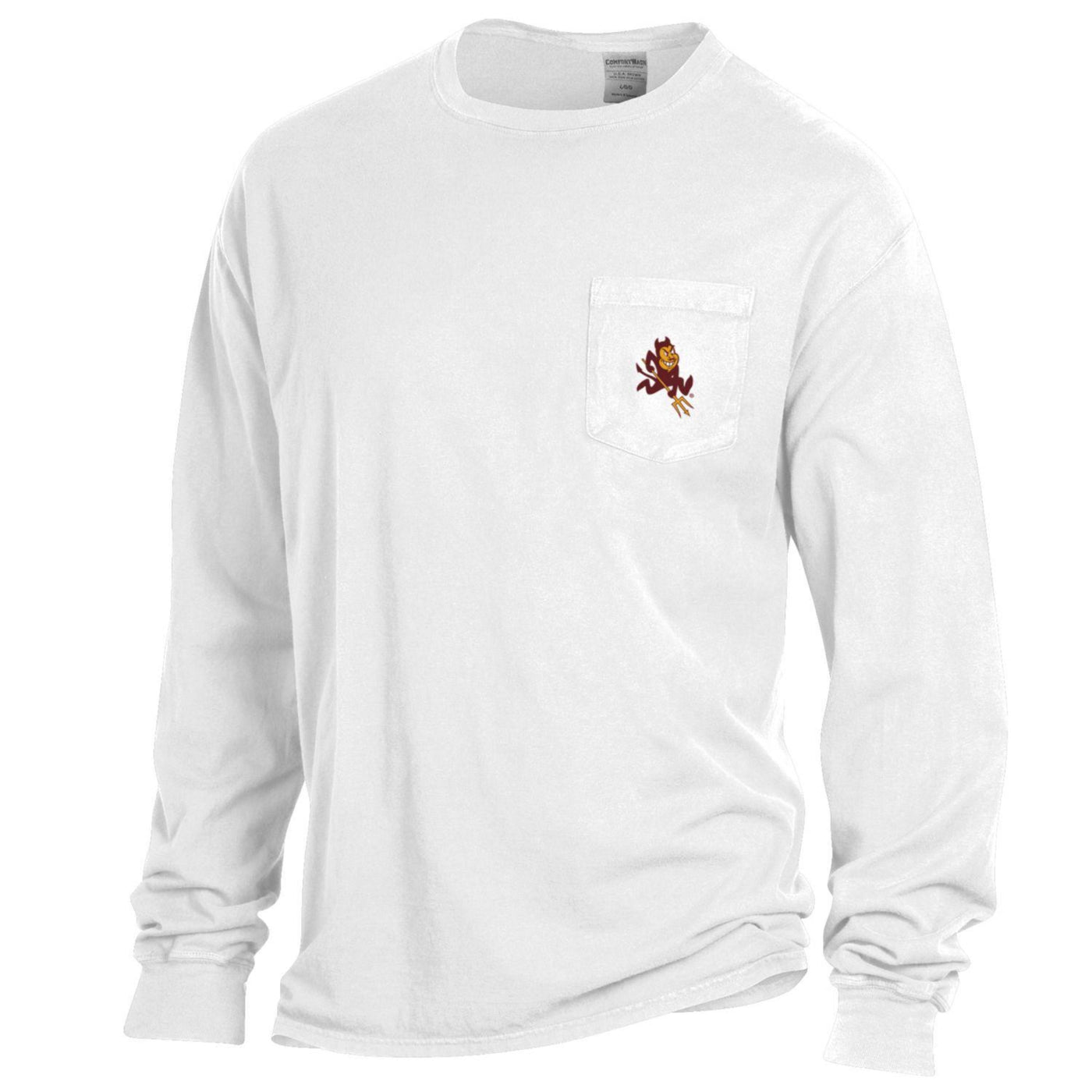 ASU white long sleeve with a pocket Sparky on it
