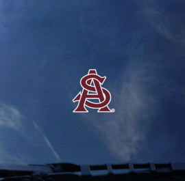 ASU decal with interlocking 'A' and 'S' in maroon and white lettering in car window