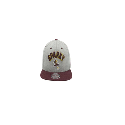 ASU grey and maroon hat with Sparky text and logo on the front. Brim  of the hat is maroon. Body of the hat is grey. 