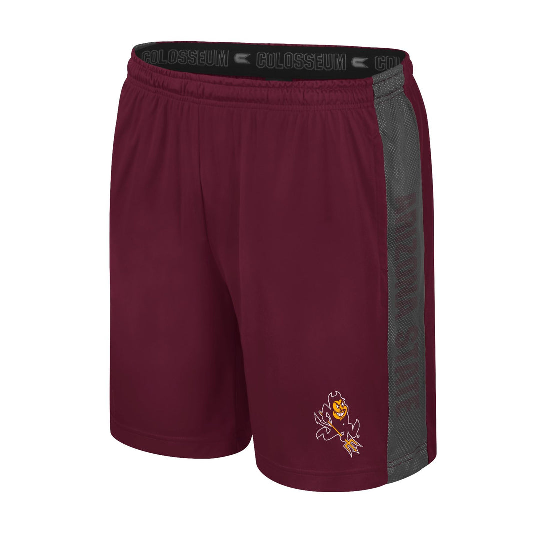 ASU maroon mens shorts with a small sparky logo at the bottom. Down the side is a mesh material overlapping the maroon text "Arizona State".