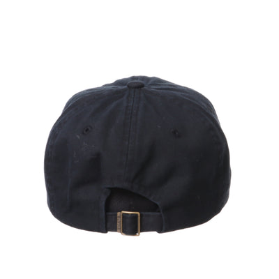 Shows the back view of a black hat with an adjustable strap.