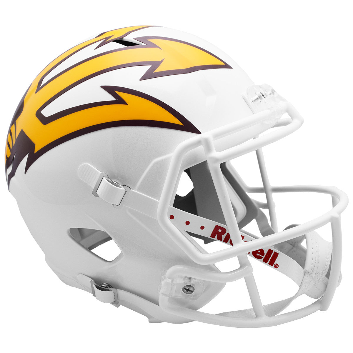 ASU replica football helmet in white with gold pitchfork on the right side
