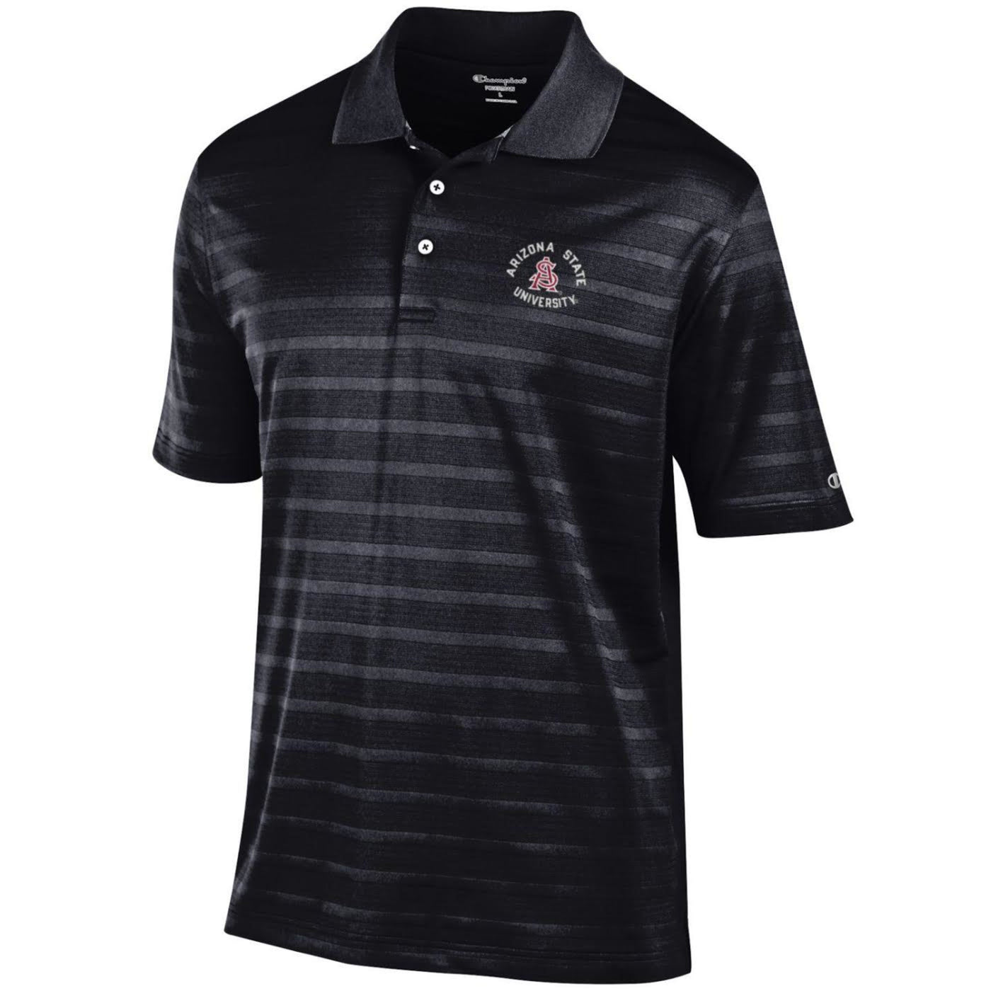 ASU black mens polo with tactile stripes. Interlocking A&S logo on the chest with the text 