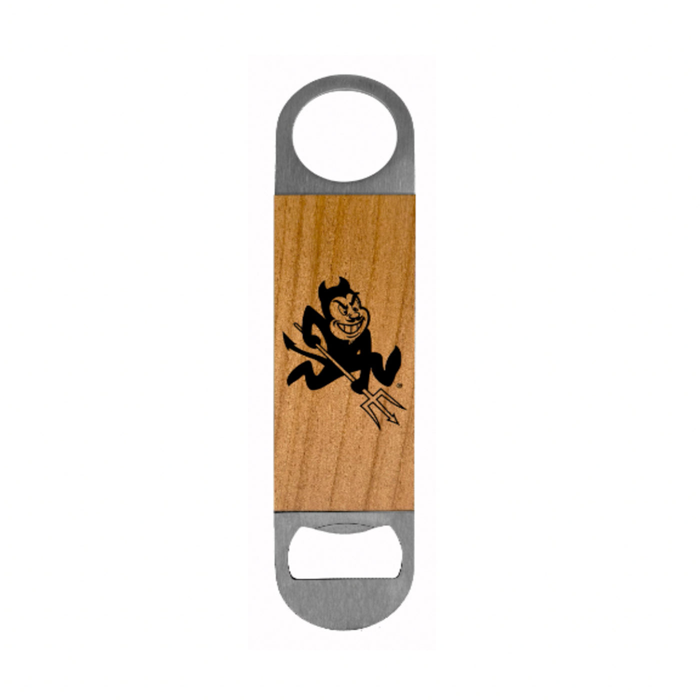 ASU metal bottle opener with a wooden middle and a Sparky printed on it