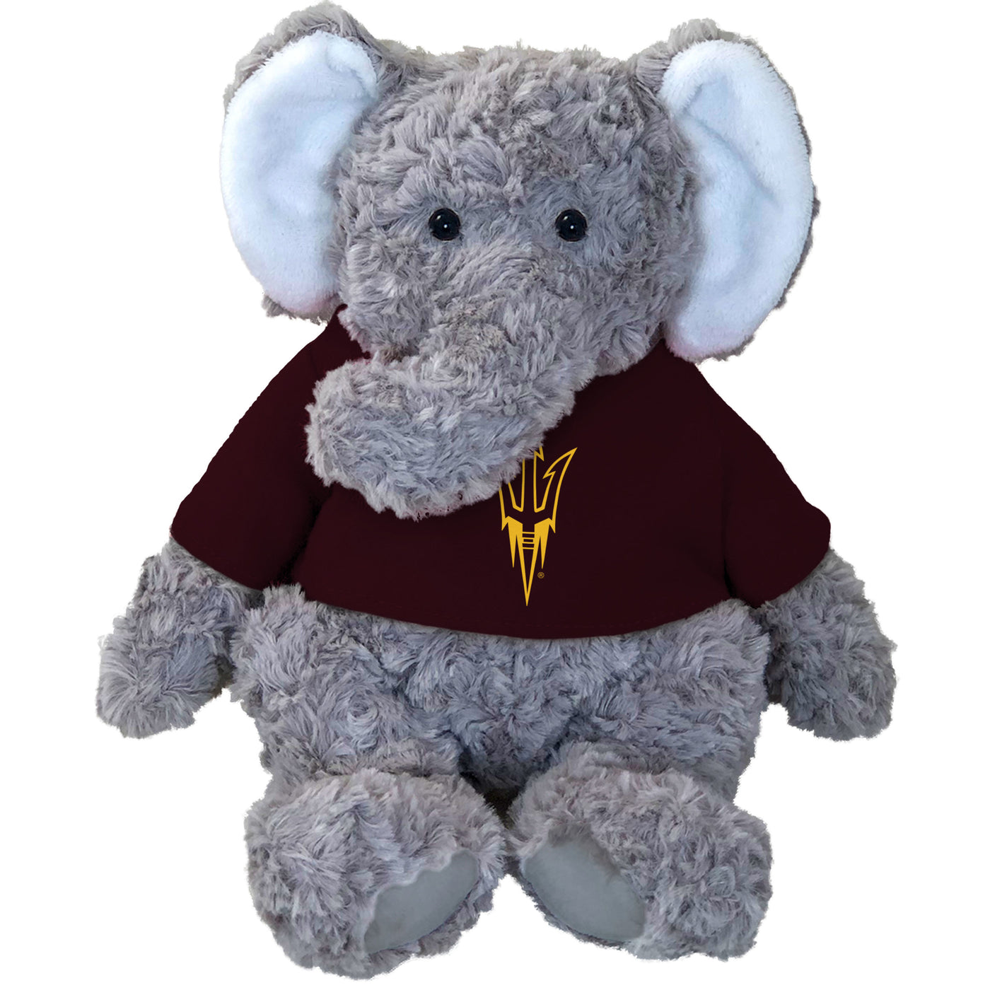 ASU grey stuffed elephant. It wears a maroon shirt with a gold outlined pitchfork logo. 