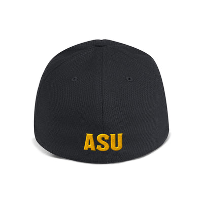 Back of black hat with gold "ASU" text.