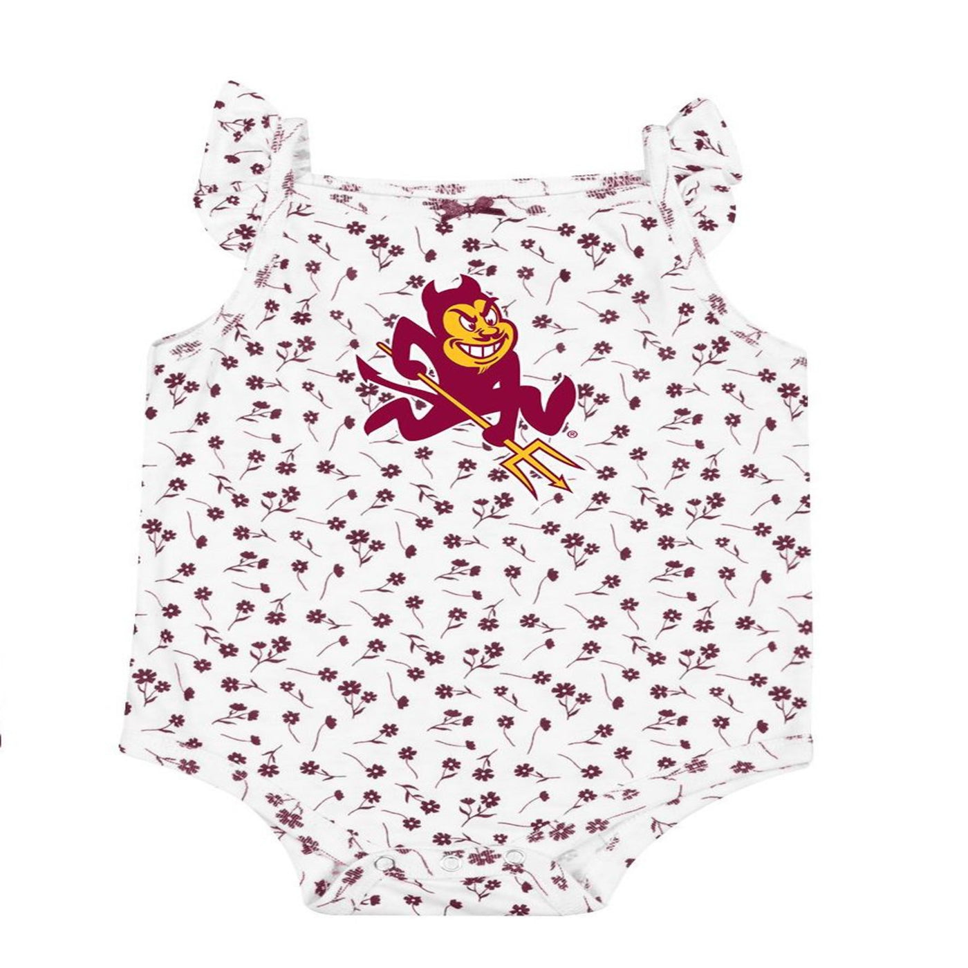 ASU white onesie covered in small maroon flowers. Sparky mascot on the front and ruffle short sleeves