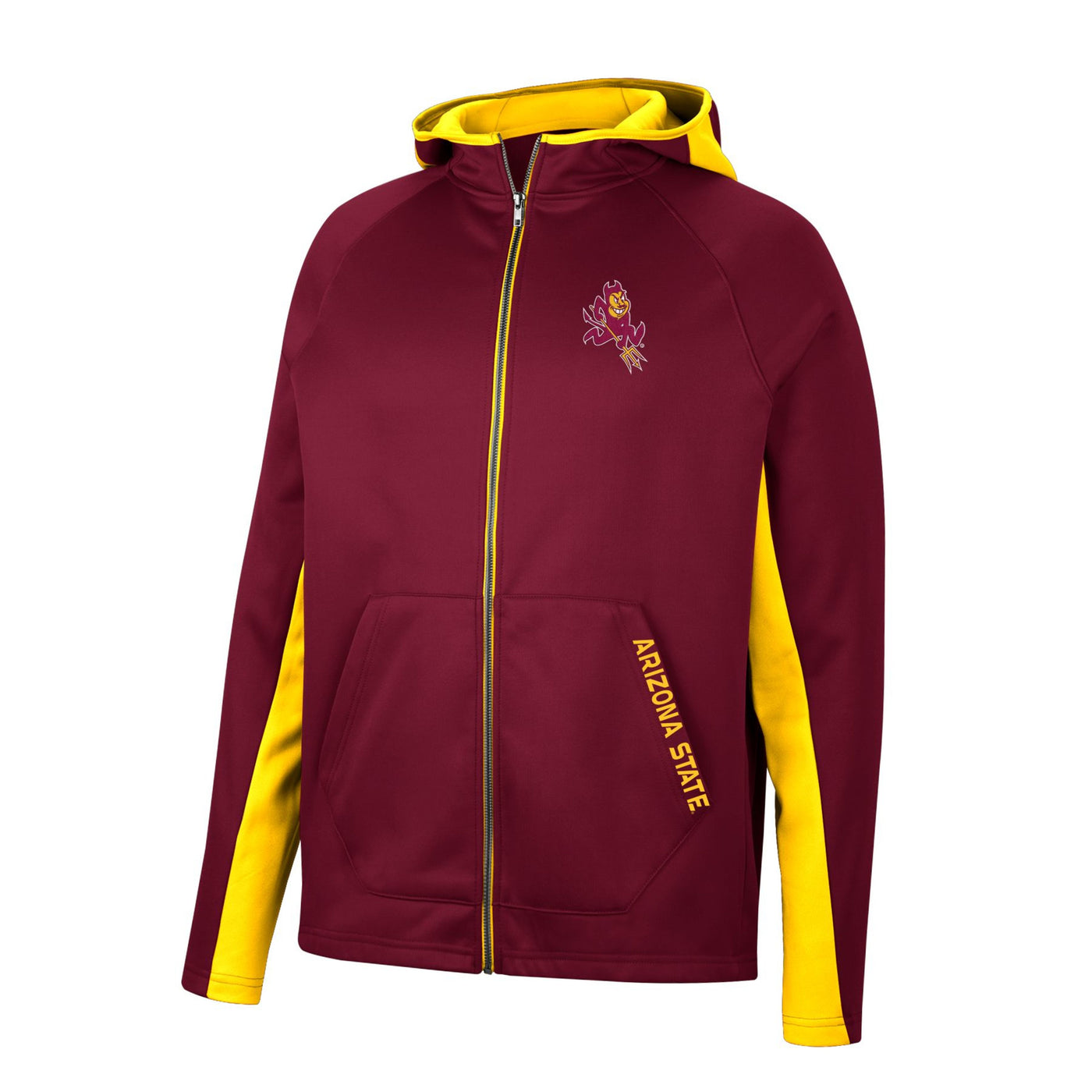 ASU maroon and gold full size hoody with a sparky on the chest and Arizona State letters down the side of the pocket