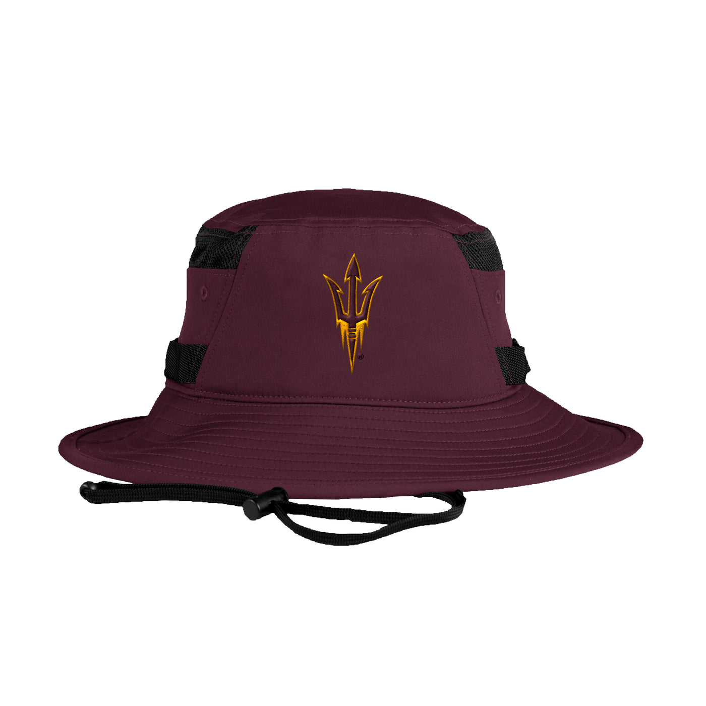 Front side of ASU maroon bucket hat with black strap around the back and gold and maroon pitchfork embroidered at the top and adjustable chin strap