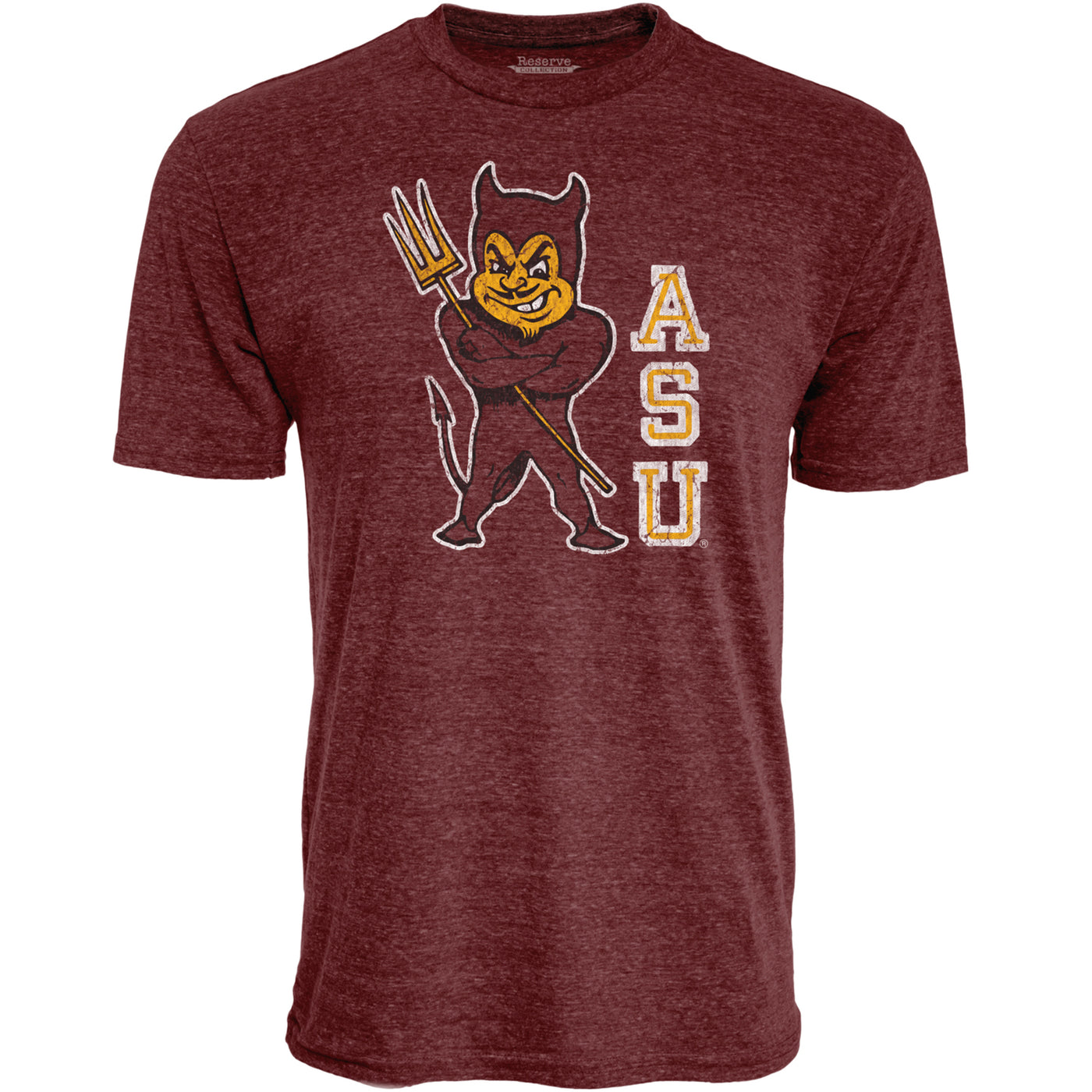 ASU maroon tee with corssed arm Sparky next to stacked letters 'A, S, U'