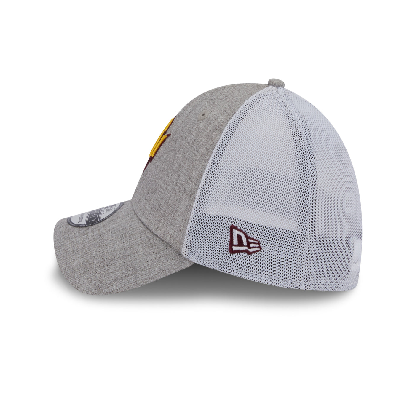Side view of ASU New Era gray stretch fit hat with white mesh back and 2 gray front panels and a pitchfork in the front and center