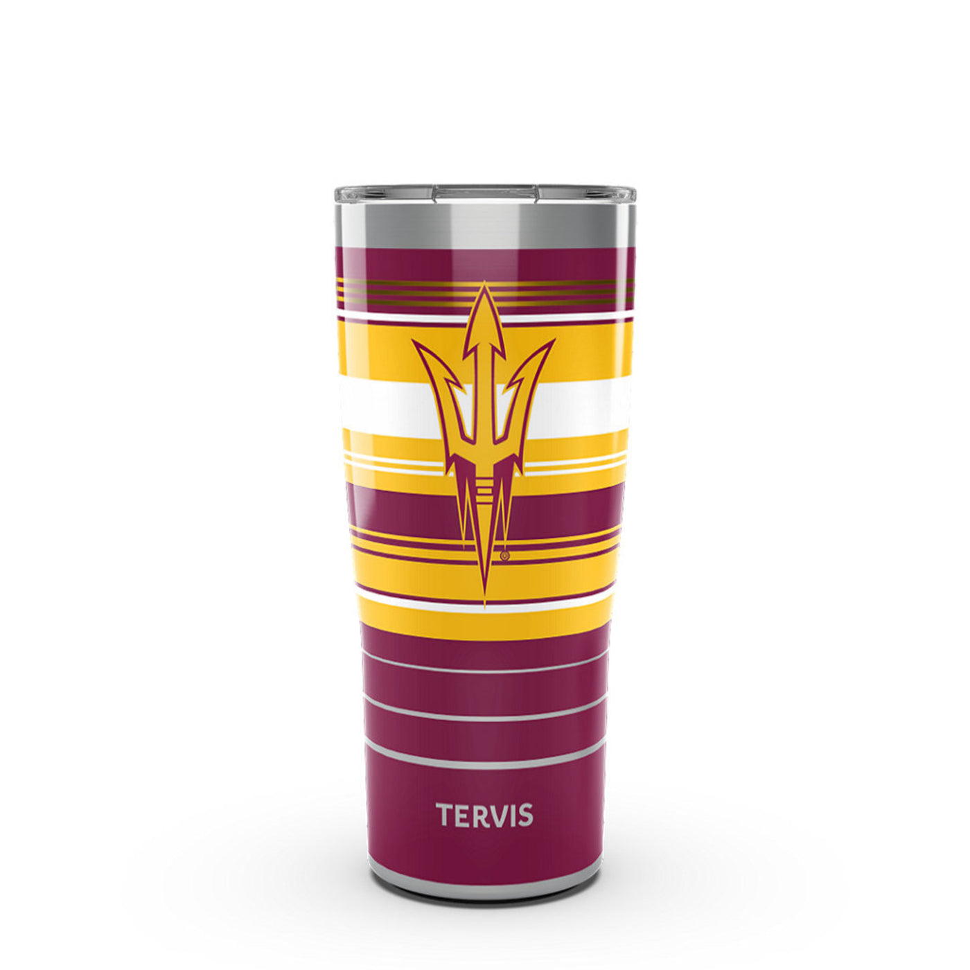 ASU striped tervis tumblr. The stripes are maroon ,gold, and white. On the center of the cup is a gold and maroon pitchfork logo. 