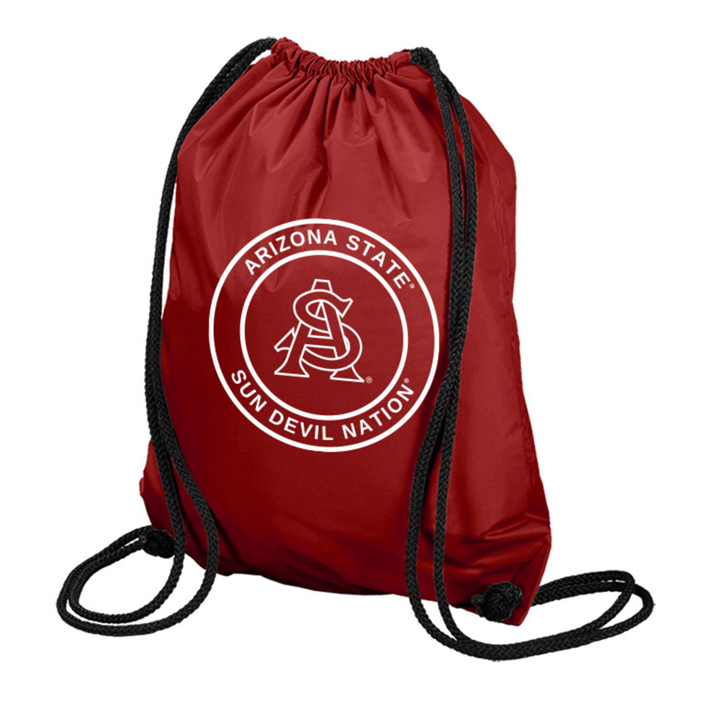 ASU maroon string backpack. Features a white A and S logo with 