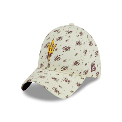 ASU cream colored hat with red and green flower pattern.  Middle of the hat features a gold and maroon pitchfork.