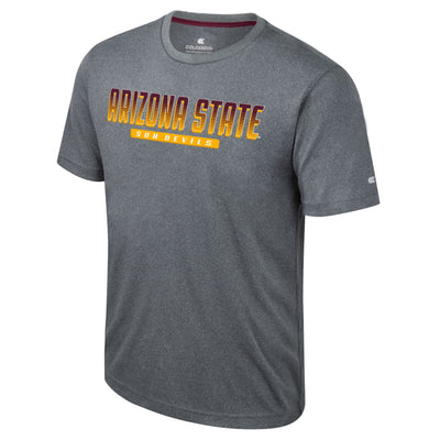 ASU grey t-shirt with the text "Arizona State" in a maroon to gold stripped ombre. Below that is a gold rectangle with the white text "Sun Devils" 
