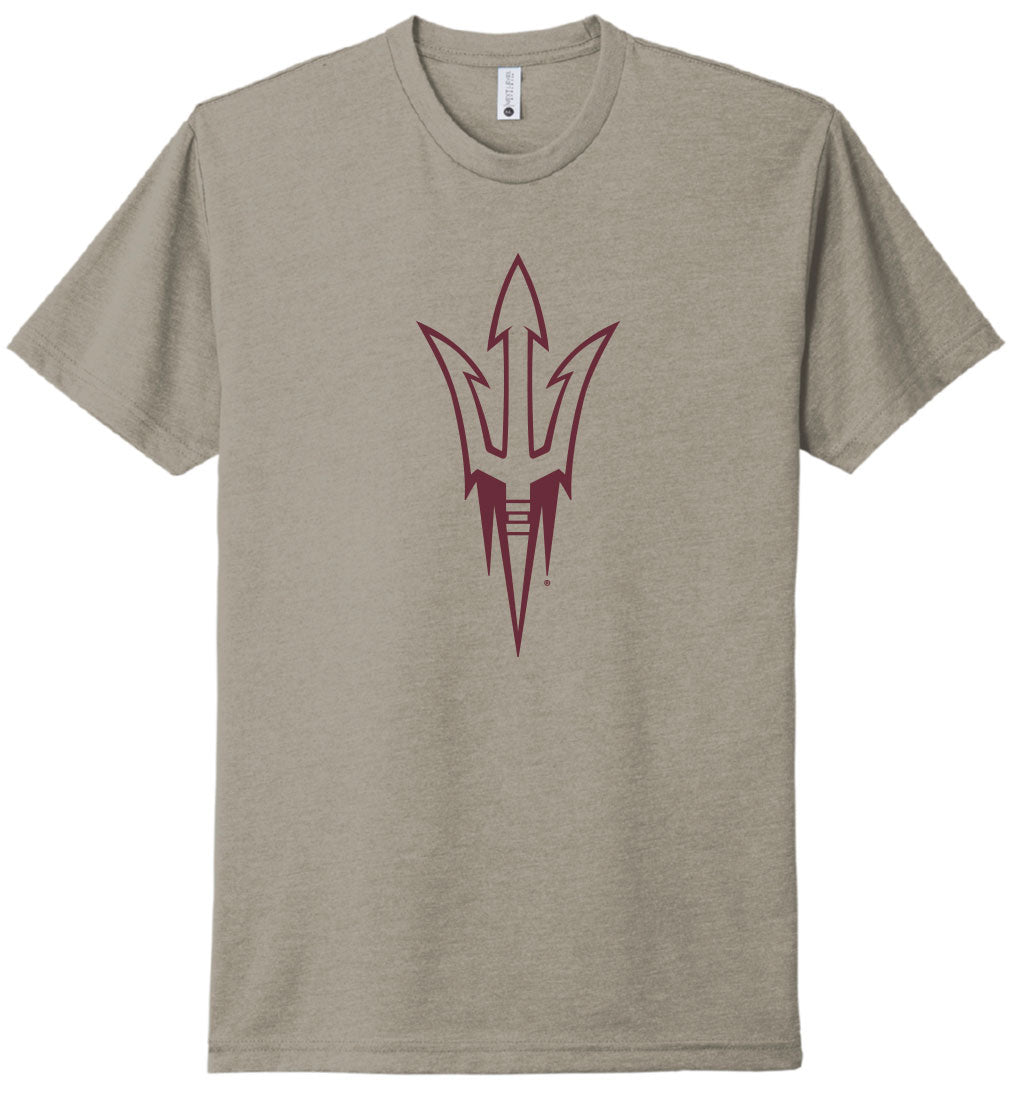 ASU warm gray tee with maroon outline of pitchfork