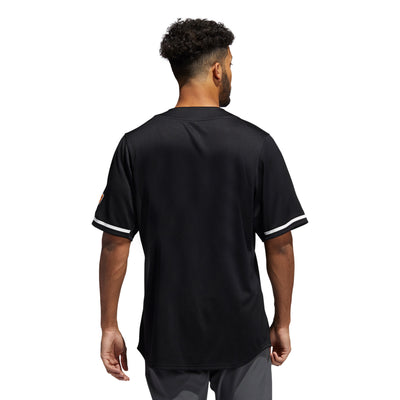 Back vie of ASU black baseball jersey with white lines on the sleeves