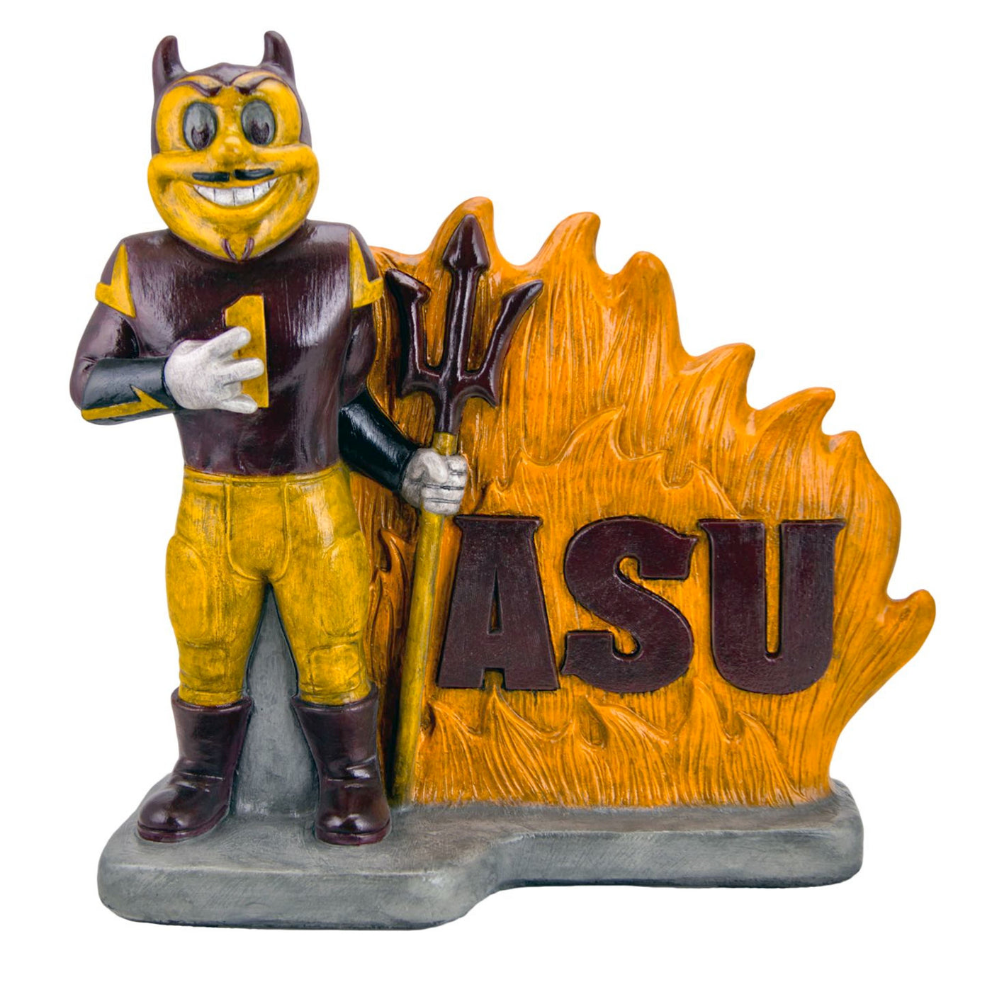 ASU stone statue of Sparky with his pitchfork beside a fire with 