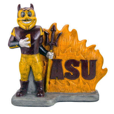 ASU stone statue of Sparky with his pitchfork beside a fire with "ASU" text  in maroon carved into the fire.