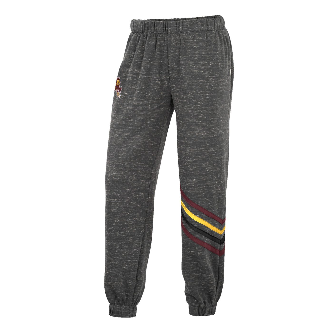 ASU grey heather sweatpants with banded ankles. Left leg has four colored stripes in gold, maroon, and black. Right leg features a small sparky logo  near the pocket. 