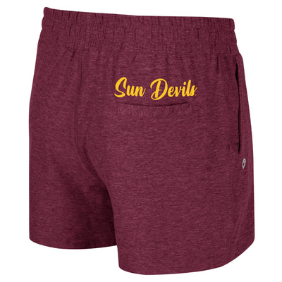 Back side of ASU womens maroon shorts with the cursive text "Sun devils" in gold.