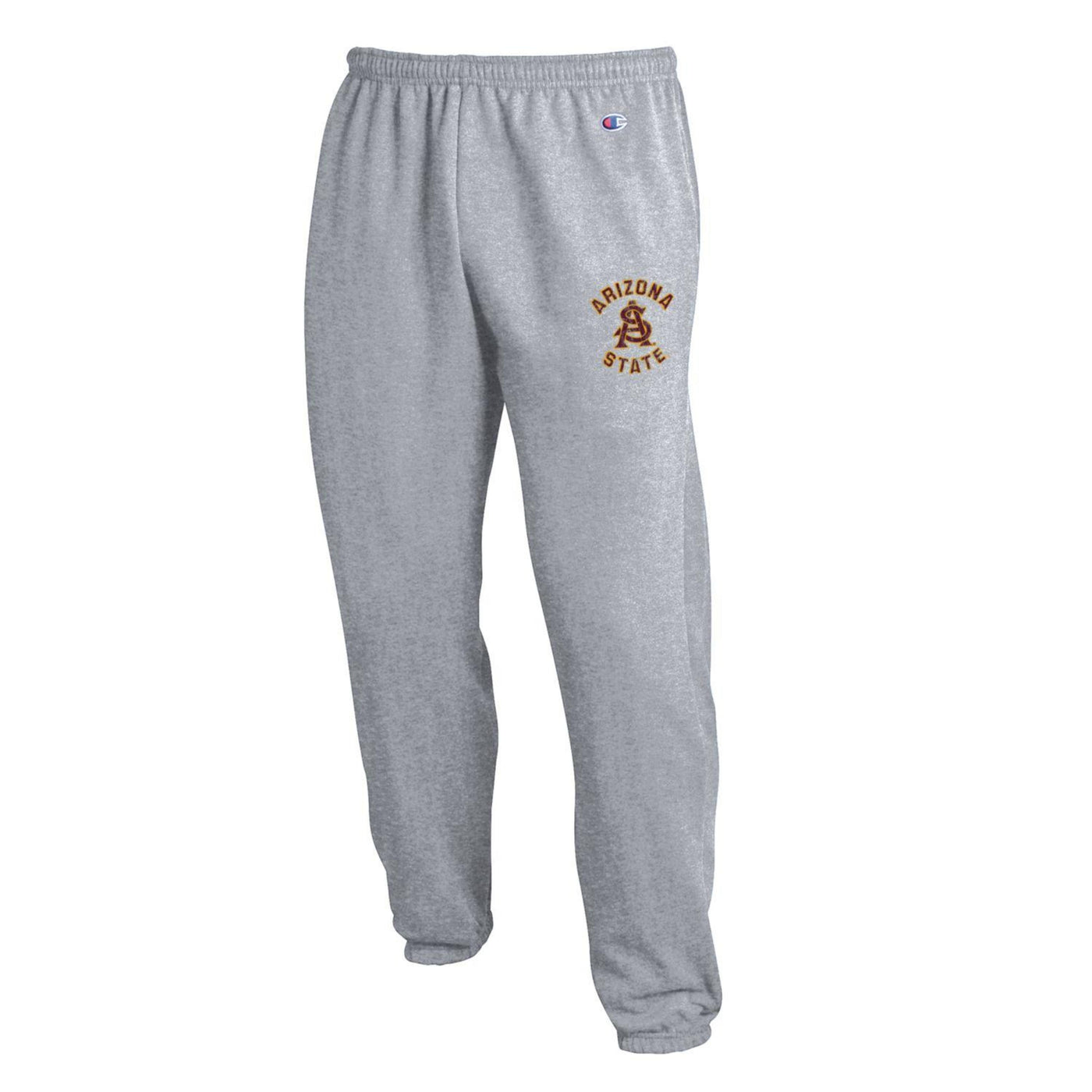 ASU gray sweat pants with drawstring waist, cuffed legs, and 'Arizona State' lettering surrounding an interlocking 'A' and 'S' on the left pant leg