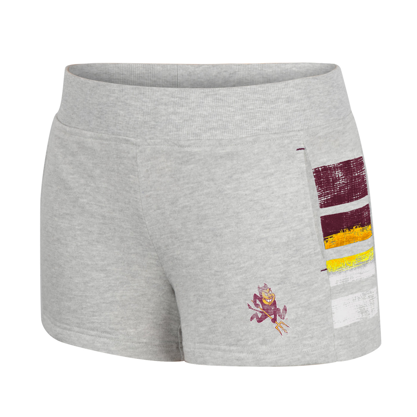 ASU gray women's shorts with maroon, gold, and white side the side panels and Sparky on the left leg