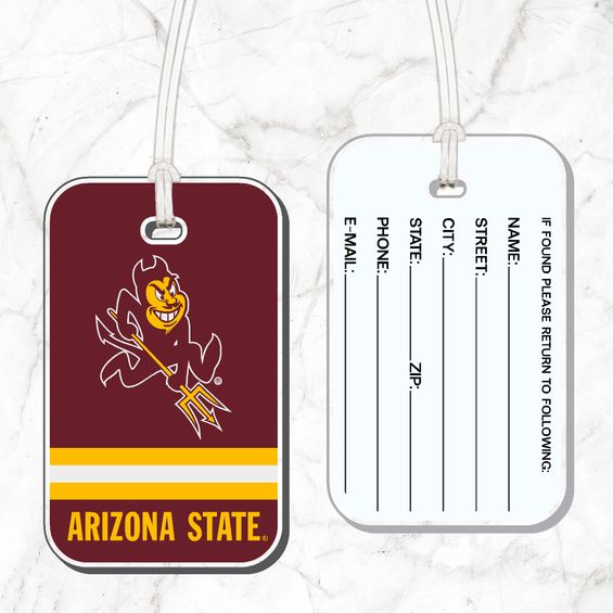 ASu Sparky luggage tag with front side showing Sparky above 'Arizona State' lettering and the back side with blank return shipping information