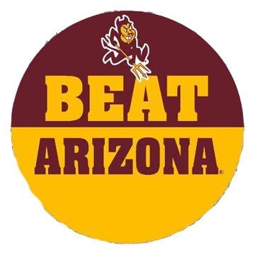 ASU maroon and gold button featuring Beat Arizona below a sparky.