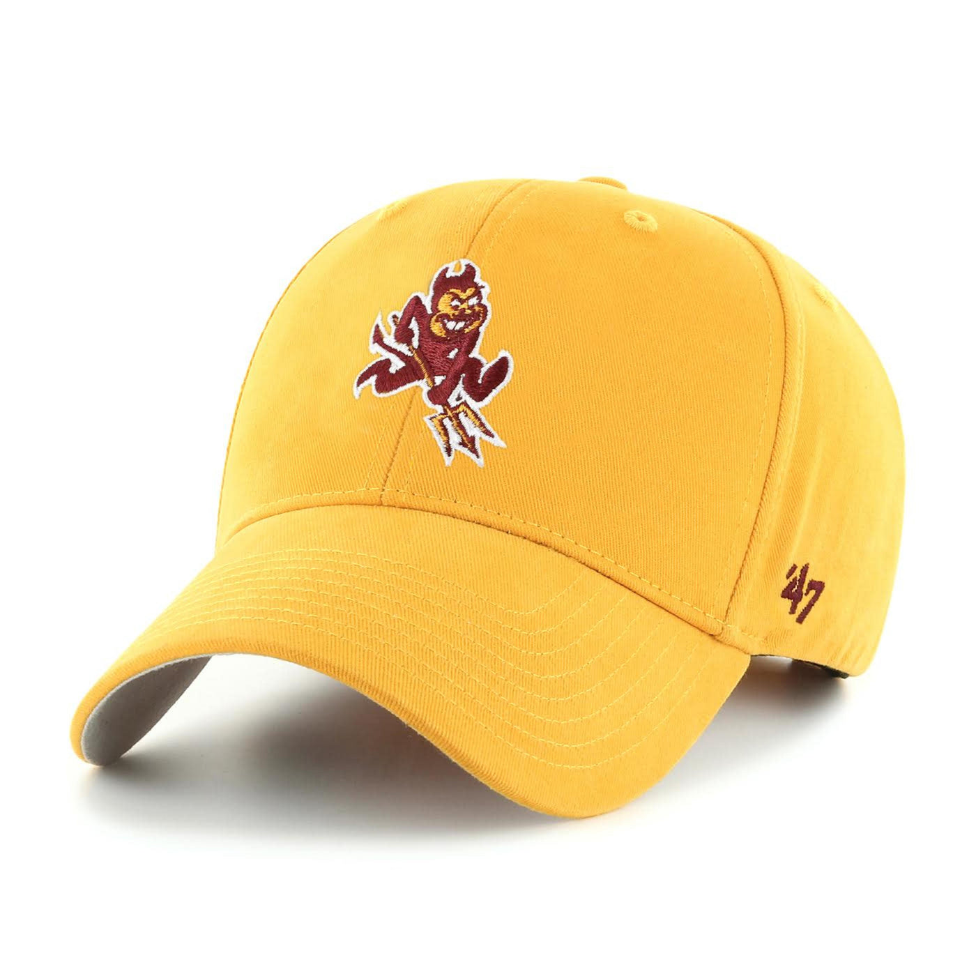 ASU gold adjustable hat from 47brand with a Sparky on the front
