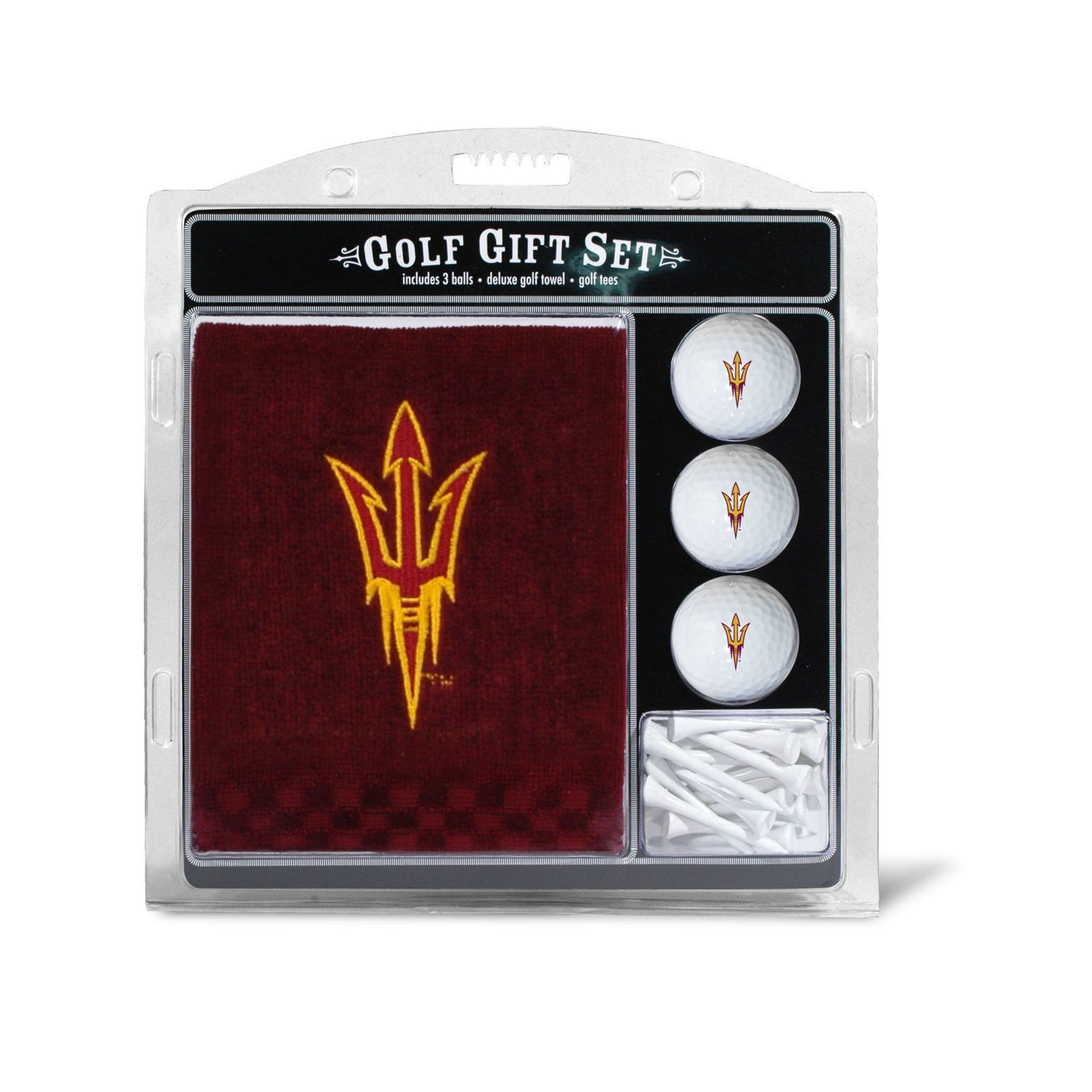 ASU golf set with maroon towel with embroidered pitchfork, 3 white golf balls with pitchforks and white golf tees