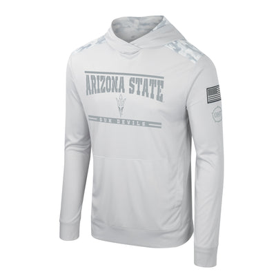 ASU light grey long sleeve with hood. there is a camouflage pattern on the shoulder and hood. there is a U.S.A. flag on the arm right above the OHT logo. On the front there is the text Arizona state Sundevils in a slightly darker grey along with the outline of a pitchfork. 