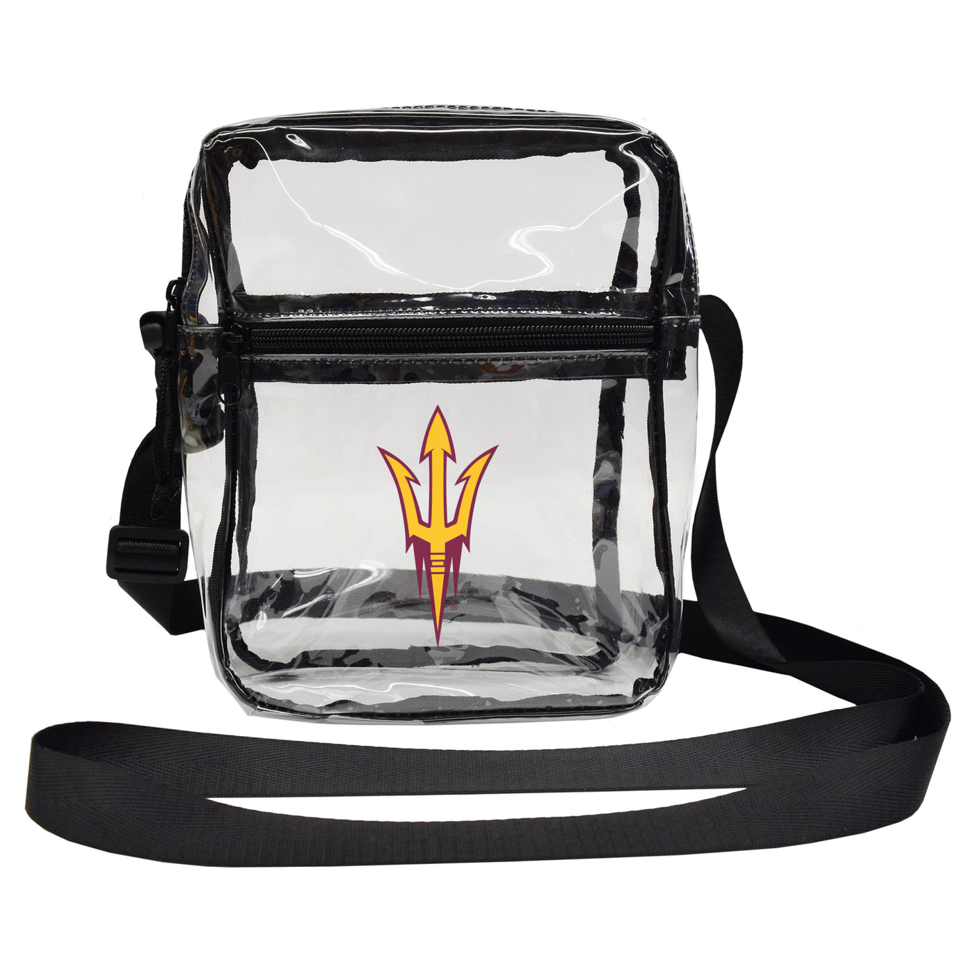 ASU clear rectangular shaped bag with black trim, strap and zipper. Gold pitchfork logo outlined in maroon on side of the bag.