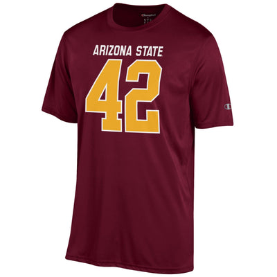 ASU maroon shirt with the text "arizona state" in white and the large number "42" in gold outlined in white.