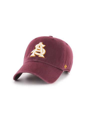 ASU maroon adjustable hat with white embroidered interlocking 'A' and 'S' with gold trim