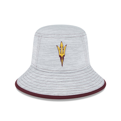 ASU gray bucket hat with maroon detailing on the edge and and golf embroidered pitchfork in the center