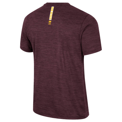 Backside of ASU maroon athletic t-shirt with "sundevil" text in gold down the nape of the neck.